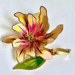 Vintage Lilly Flower Holder Brooch Pin Pink Fuchsia Easter Gold tone Hidden Tube